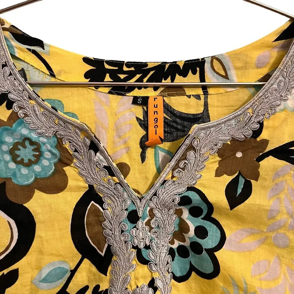 Rungolee Womens Yellow & Blue Floral 3/4 Sleeve Beach Cover Up S